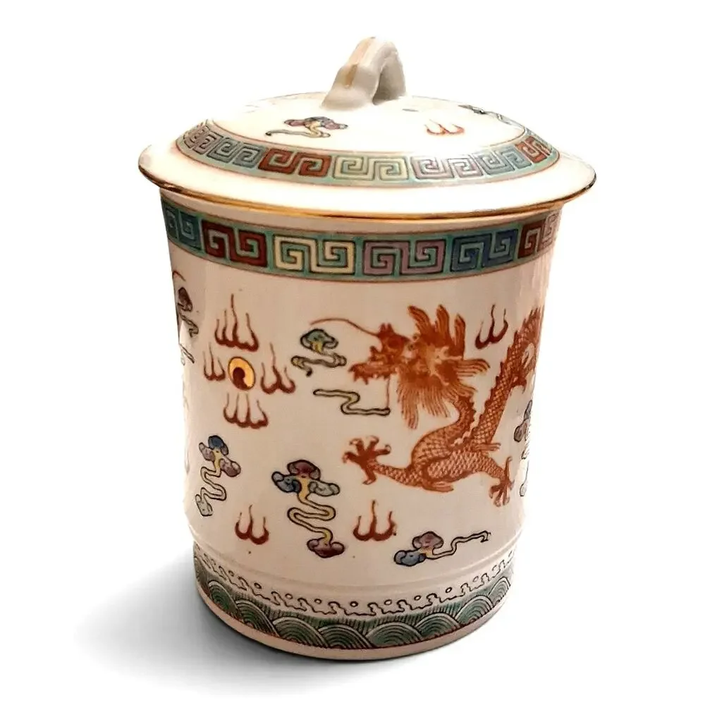 Vintage Chinese Mug with Lid Famille Rose Dragon Cup